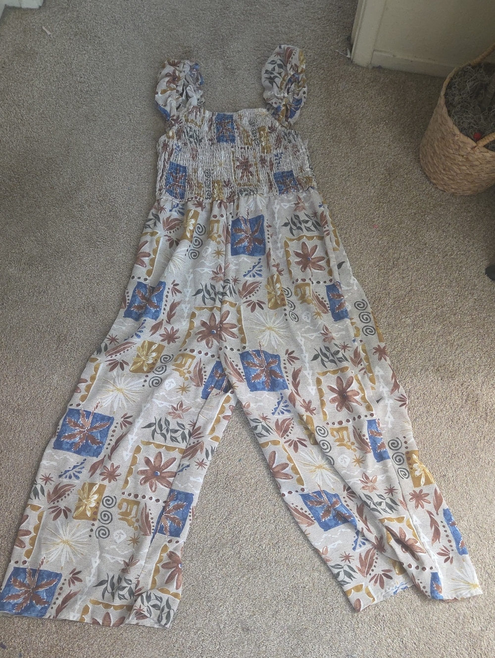 Boho Floral Patchwork Wide-Leg Jumpsuit - Blue, Brown & Gold